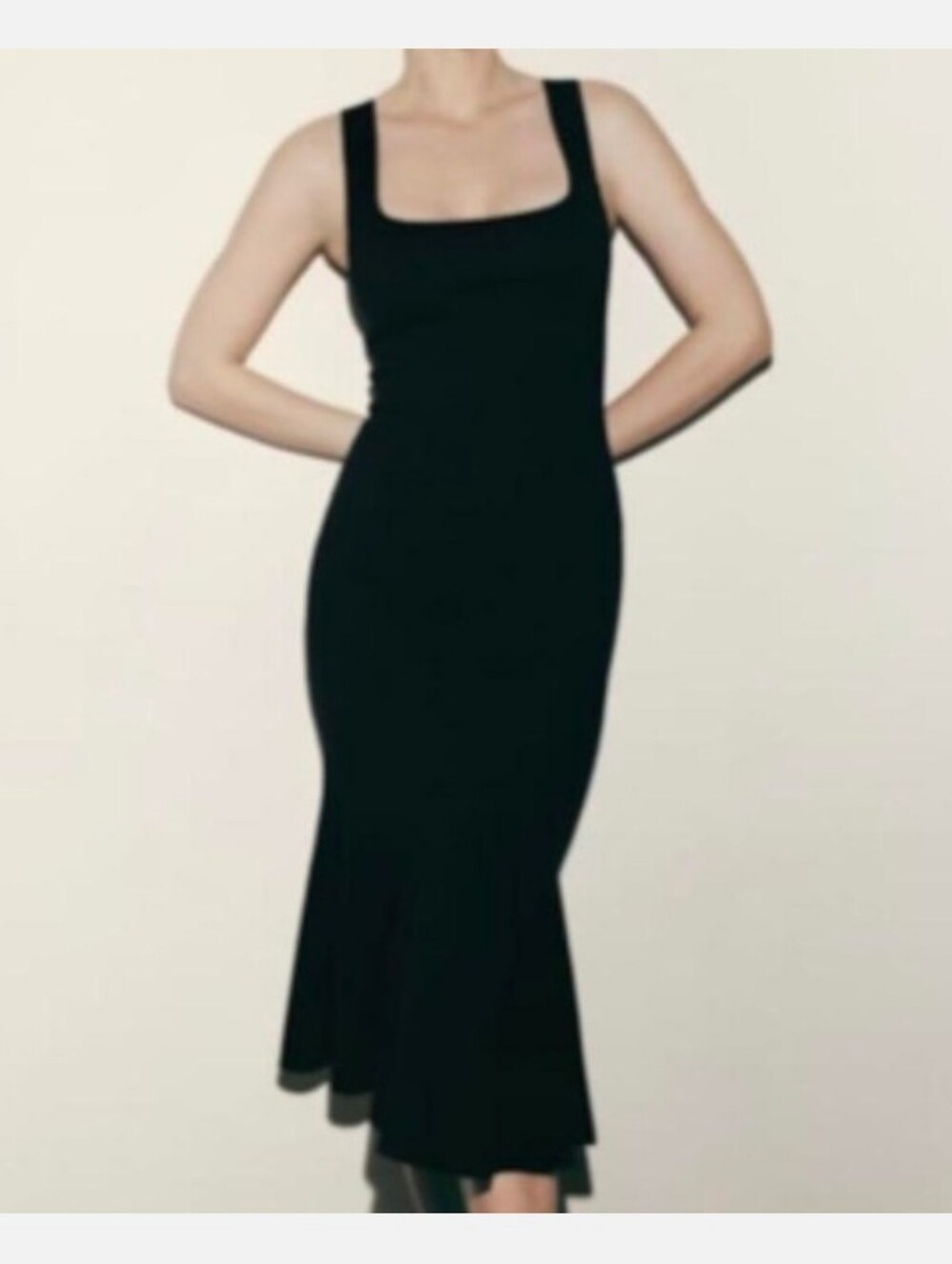 Zara - Classic Black Square-Neck Midi Dress